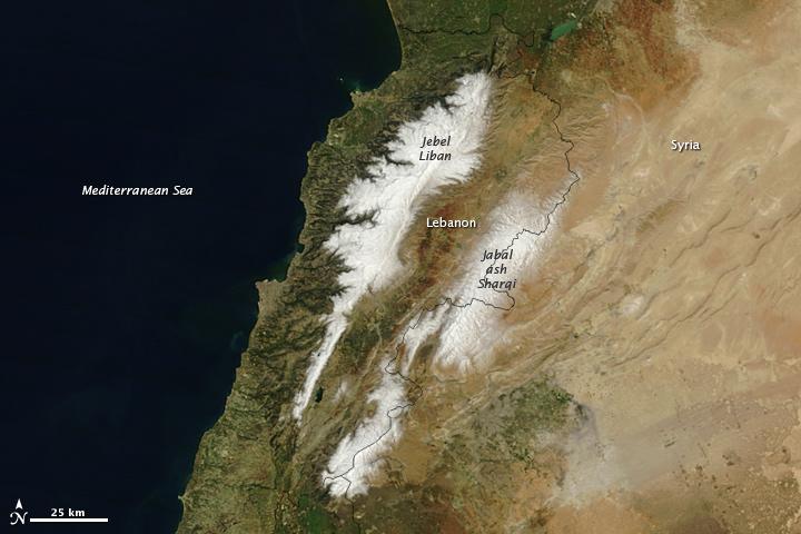 Bordering the eastern Mediterranean Sea, Lebanon might call to mind sunny beaches and historic port cities like Sidon and Tyre. However, the country is also home to towering, snowy mountains and ski resorts. In fact, the name Lebanon is derived from the Semitic word lbn, which means "white" in reference to either the snow-covered mountains or limestone cliffs. This satellite image  highlights the country's two mountain ranges, Jebel Liban and Jabal ash Sharqim, covered in fresh snow. (Jebel or jabal mean "mountain" in Arabic.) Snow is not unusual in Lebanon, where ski resorts are open about three months of the year. Photo courtesy of NASA.