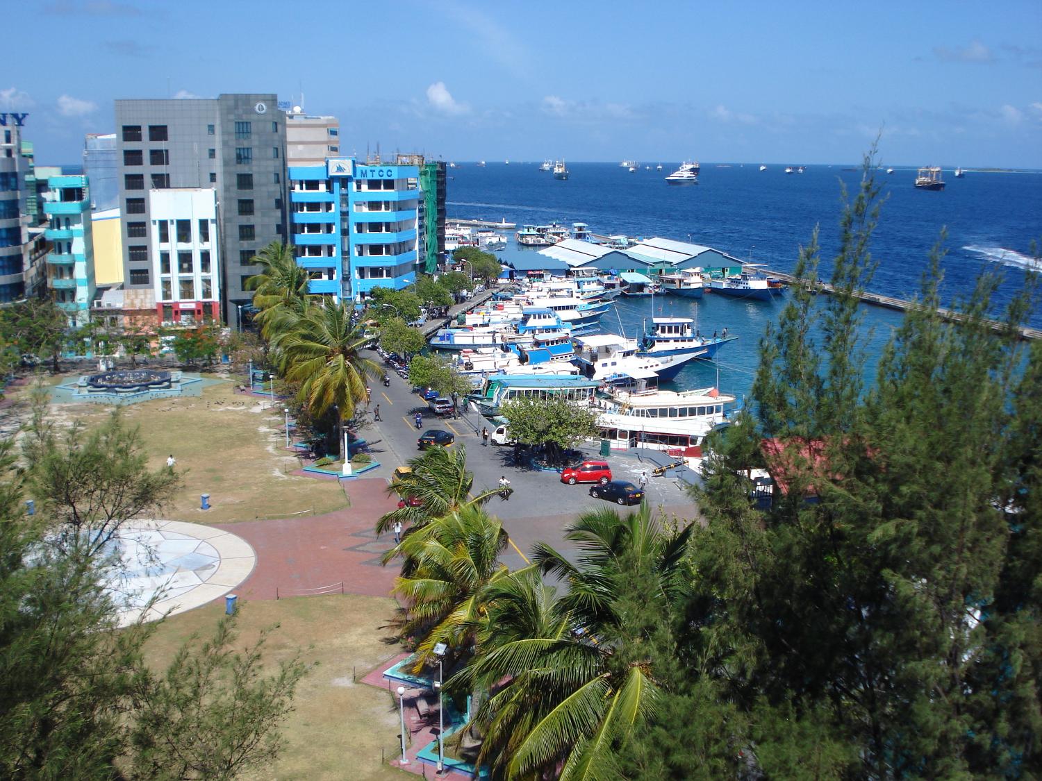 Jumhoorie Maidan (Republic Square) was set up in 1989 on the waterfront of Male, the capital and largest city in the Maldives. Male, sometimes known as King's Island, was the royal seat for the former rulers of the Maldives. The Maldives consist of 1,190 coral islands averaging only 1.5 m above sea level. Once Buddhist, the Maldives are now predominately Muslim.