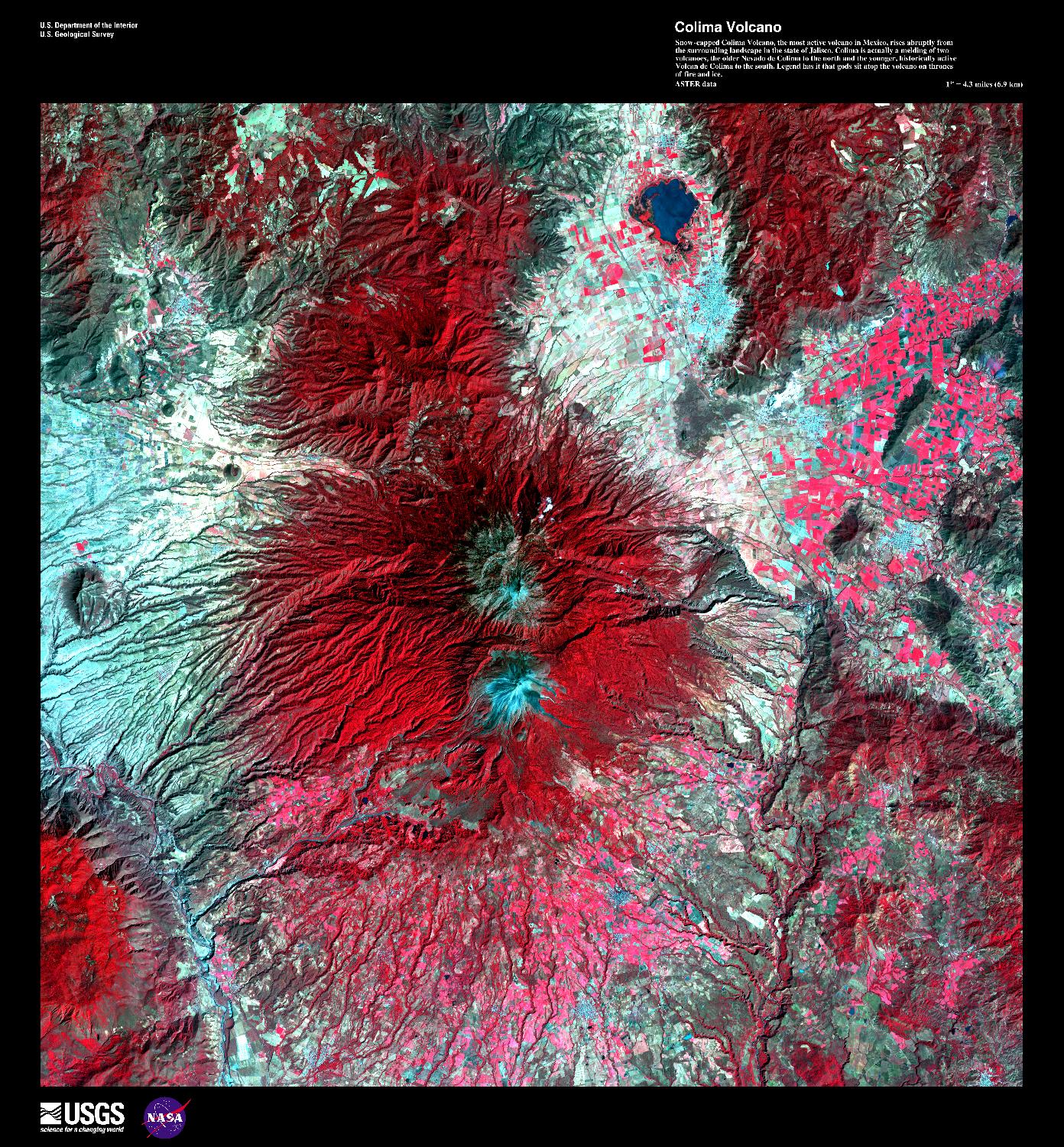 Snow-capped Colima Volcano, the most active volcano in Mexico, rises abruptly from the surrounding landscape in the state of Jalisco in the center of this false-color satellite image. Part of the trans-Mexican volcanic belt, Colima is actually a melding of two volcanoes, the older Nevado de Colima to the north and the younger, historically active Volcan de Colima to the south.  Approximately 300,000 people live within 40 km (25 mi) of the volcano earning it designation as a Decade Volcano by the International Association of Volcanology and Chemistry of the Earth's Interior. Legend has it that gods sit atop the volcano on thrones of fire and ice. For other active volcanoes in Mexico, see the Natural hazards-volcanism subfield in the Geography section. Image courtesy of USGS.