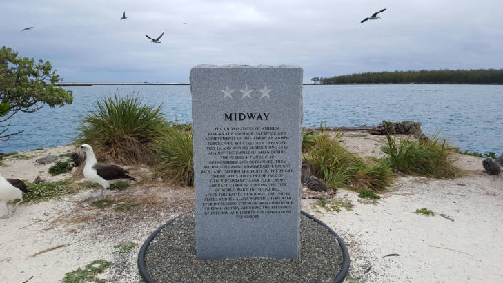 The American Battle Monuments Commission authorized the creation of a Midway Memorial Marker in May 2013 to commemorate the 4–7 June 1942 Battle of Midway. On 12  August 2015, the Midway Memorial Marker was officially erected on the island. Image courtesy USFWS/ Megan Nagel.