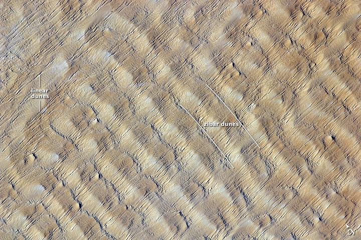 This detailed astronaut photograph highlights sand dunes in the Fachi-Bilma erg (sand sea) in the central-eastern part of the Tenere Desert. The Tenere occupies much of southeastern Niger and is considered to be part of the larger Sahara Desert, which stretches across northern Africa. Much of the Sahara is comprised of ergs; with an area of approximately 150,000 sq km (57,915 sq mi), the Fachi-Bilma is one of the larger sand seas.

Two major types of dunes are visible in the image. Large, roughly north-south oriented transverse dunes - known as zibar dunes - fill the image frame. This type of dune tends to form at roughly right angles to the dominant, northeasterly winds. The dune crests are marked in this image by darker, steeper sand accumulations that cast shadows. The lighter-toned zones between are lower, interdune "flats." The large dunes appear to be highly symmetrical with regard to their crests, which are composed of coarser sediments. A second set of thin linear dunes oriented at roughly right angles to the zibar dunes are formed from finer grains in the same wind field as the larger zibars. Image courtesy of NASA.