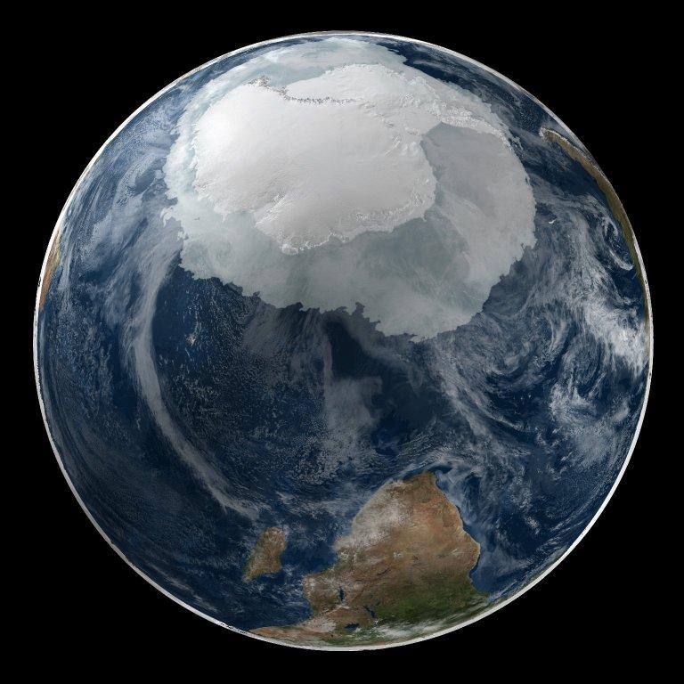 A global view of the Antarctic on 21 September 2005. This image presents the entire Antarctic region, most of the Southern Ocean, large portions of the southern Atlantic and Pacific Oceans, as well as the island of Madagascar and southern Africa. Image courtesy of NASA.  