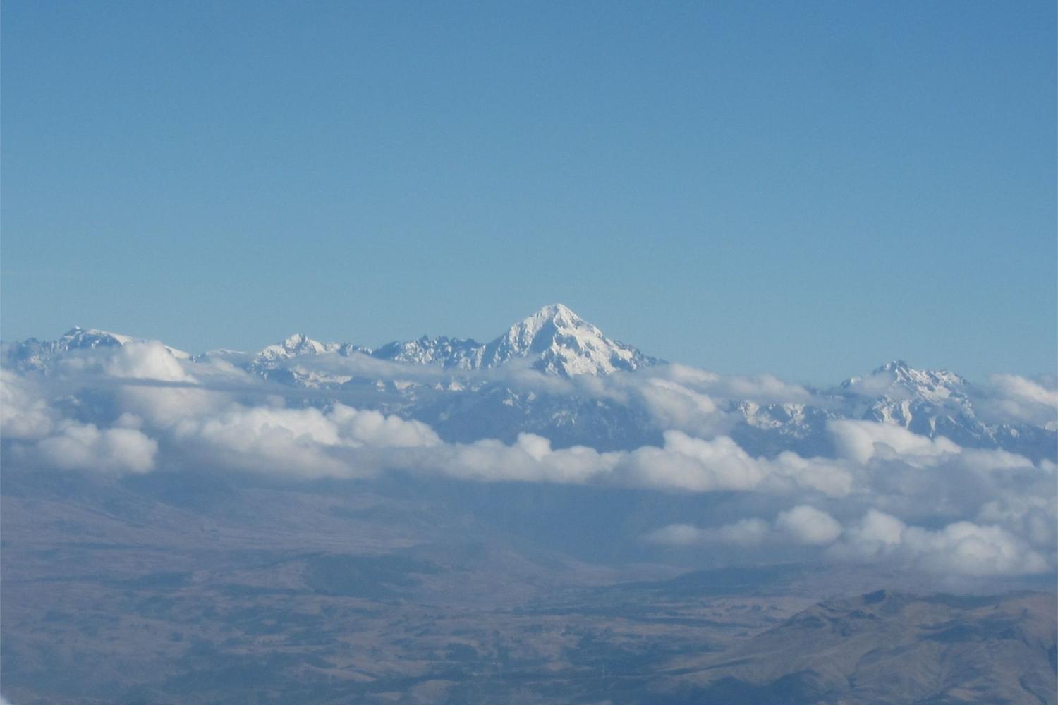 Aerial shot of snow-capped Andes Mountains between Lima and Cusco.
