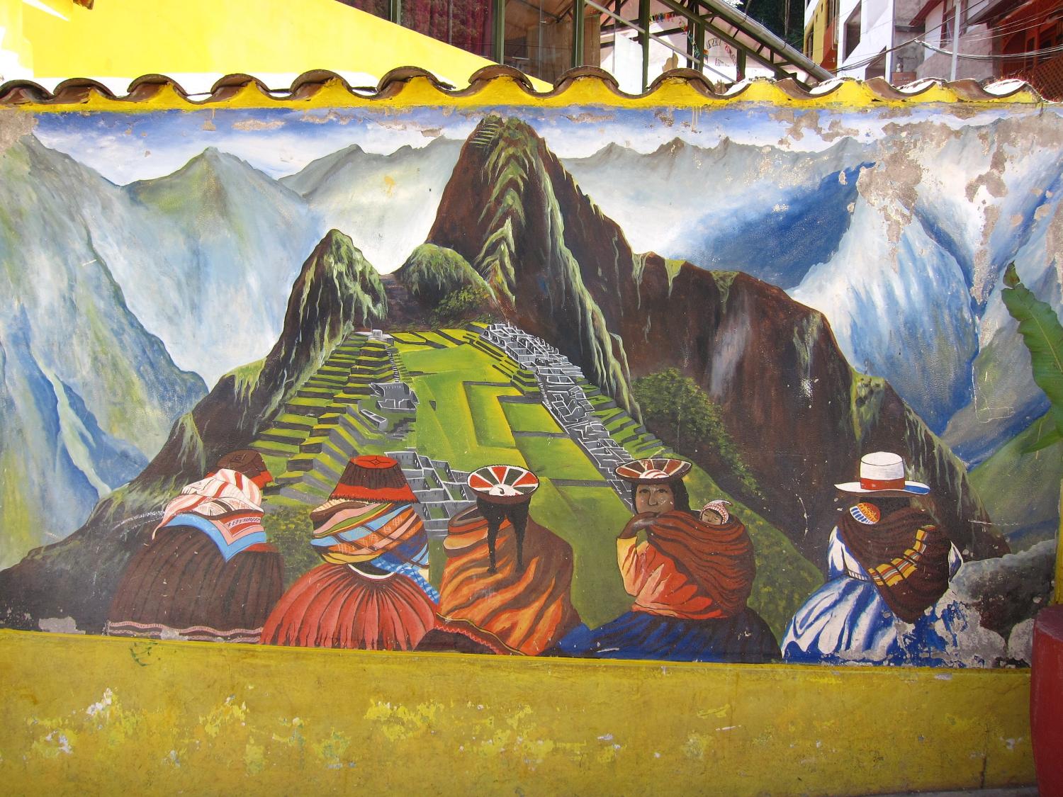 The mural of Machu Picchu in Aguas Calientes honors the Incas. 