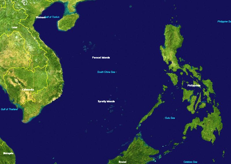 Satellite view of the western Pacific Ocean and the South China Sea shows the location of the Paracel Islands in the South China Sea. Image courtesy of NASA. 
