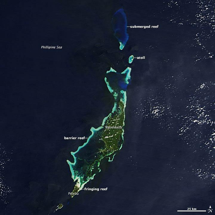 The Republic of Palau, a chain of islands at the far western end of Micronesia, consists of nine inhabited islands and more than 700 small islets in the Philippine Sea. The archipelago contains a range of geological features but, when viewed from above, it is the archipelago's many turquoise coral reefs that command attention. The island chain is comprised of 459 sq km (179 sq mi) of dry land, and approximately 525 sq km (203 sq mi) of reefs spread through the ocean. NASA's Terra satellite acquired this view of Palau on 11 December 2012. Image courtesy of NASA.

