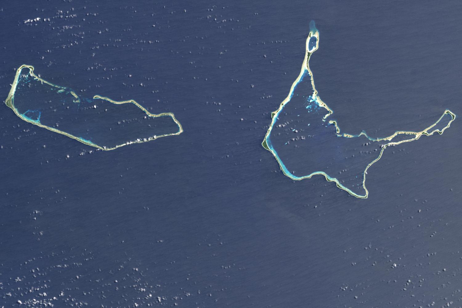 Majuro and Arno Atolls appear as meandering lines of delicate white against a darker ocean background in this satellite image. Areas of shallow water near the shore appear iridescent blue, especially in the southwest portion of each atoll and off the northwest tip of Arno Atoll. Overhead, tiny white clouds dot the sky. Majuro Atoll is 40 km (25 mi) in circumference, and it partially encloses a lagoon of nearly 300 sq km (115 sq mi). The lagoon is far bigger than the atoll itself, whose land area is less than 10 sq km (4 sq mi); walking from the lagoon side to the ocean side of the atoll takes only minutes. Neighboring Arno Atoll encloses three lagoons: two "pinched lagoons" in the northeast and northwest, and a main lagoon of nearly 340 sq km (130 sq mi). Arno's total land area is just 13 sq km (5 sq mi). Scientists have long understood that coral atolls develop around volcanic islands and remain there after those islands have eroded away. To what extent the final shape of an atoll is influenced by wind and ocean wave activity, however, remains a topic of debate. Image courtesy of NASA.