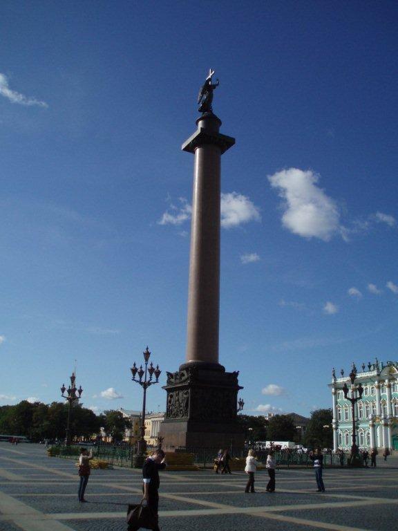 The Alexander Column is a focal point of Palace Square in Saint Petersburg (part of the Winter Palace appears in the background). The single-piece red granite column was erected between 1830 and 1834 in grateful commemoration of Czar Alexander I who led the Russian victory in the war with Napoleonic France. The monument - the tallest of its kind in the world - is 47.5 m (156 ft) high and weighs some 600 tons. 