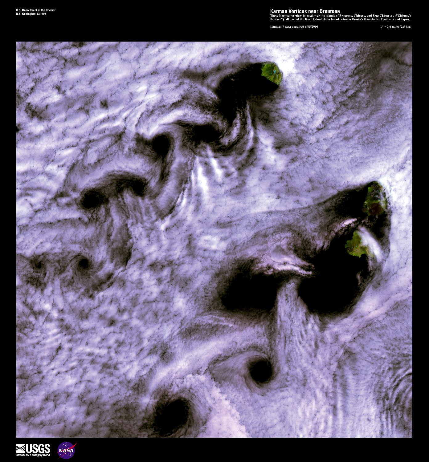 When wind-driven clouds encounter obstacles, in this case islands, they flow around them to form large, spinning eddies known as Karman vortices. The Karman vortices in this high-resolution satellite photo formed over the islands of Broutona, Chirpoy, and Brat Chirpoyev (Chirpoy's Brother), all part of the Kuril Island chain found between Russia's Kamchatka Peninsula and Japan. Image courtesy of USGS.