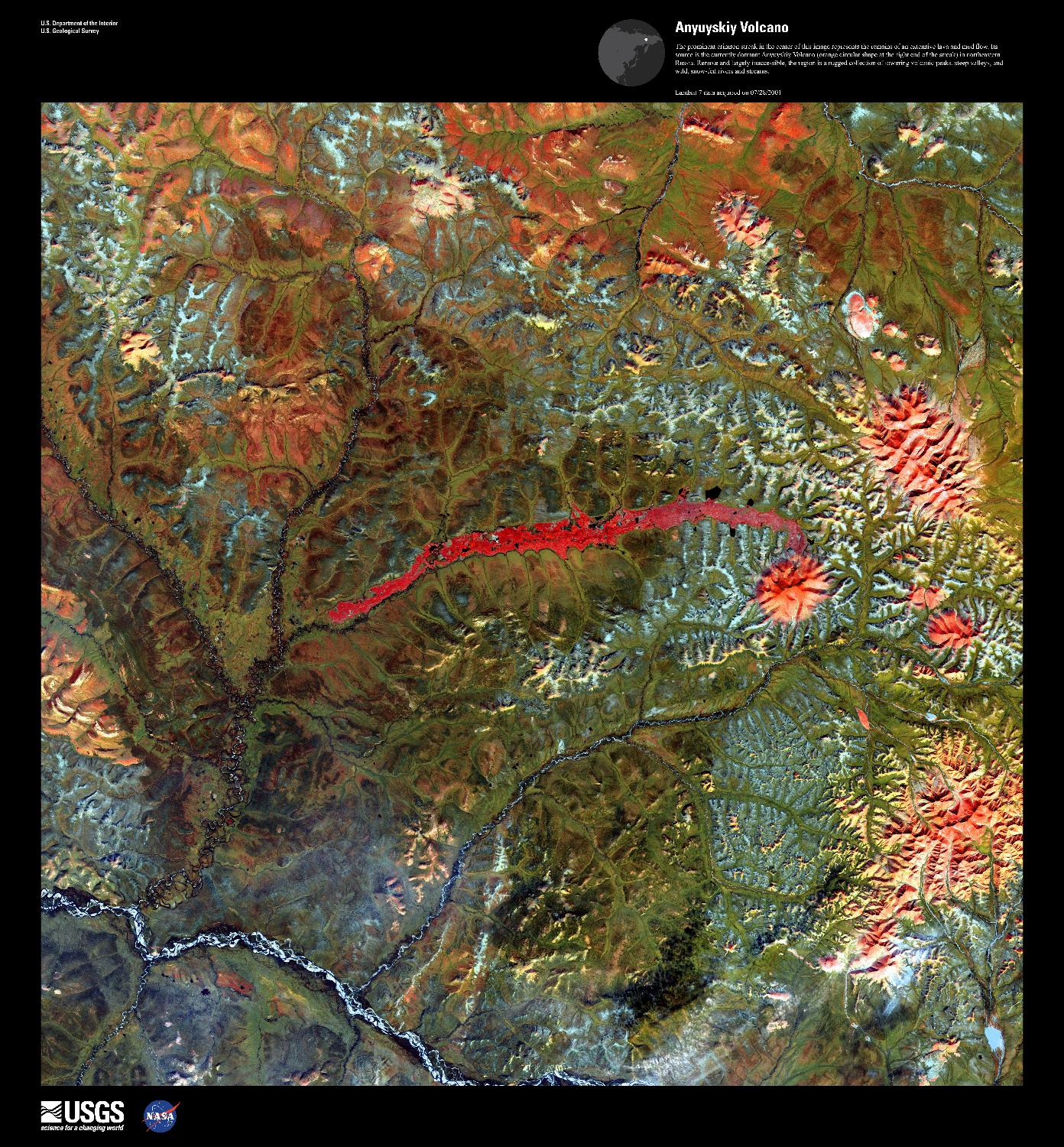 The prominent crimson streak in the center of this false-color satellite image represents the remains of a 50 km (31 mi) lahar (volcanic mudflow) that cut a strip of barren rock through rich vegetation surrounding the Anyuyskiy Volcano. The currently dormant volcano is the orange circular shape at the right end of the streak. Remote and largely inaccessible, the Kamchatka Peninsula is a rugged collection of towering volcanic peaks, steep valleys, active geysers, and wild, snow-fed rivers and streams.  This volcano is part of the UNESCO World Heritage Site "Volcanoes of Kamchatka." For other active volcanoes in Russia, see the Natural hazards-volcanism subfield in the Geography section. Image courtesy of USGS.
