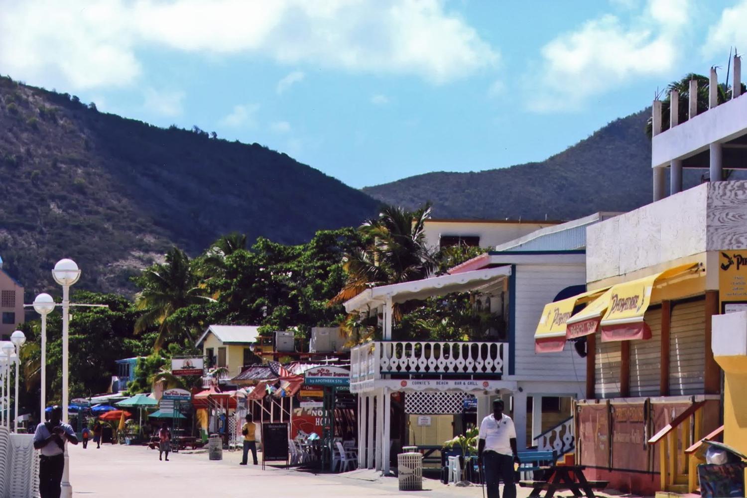 Colorful shops along a street in Philipsburg, the capital of Sint Maarten.