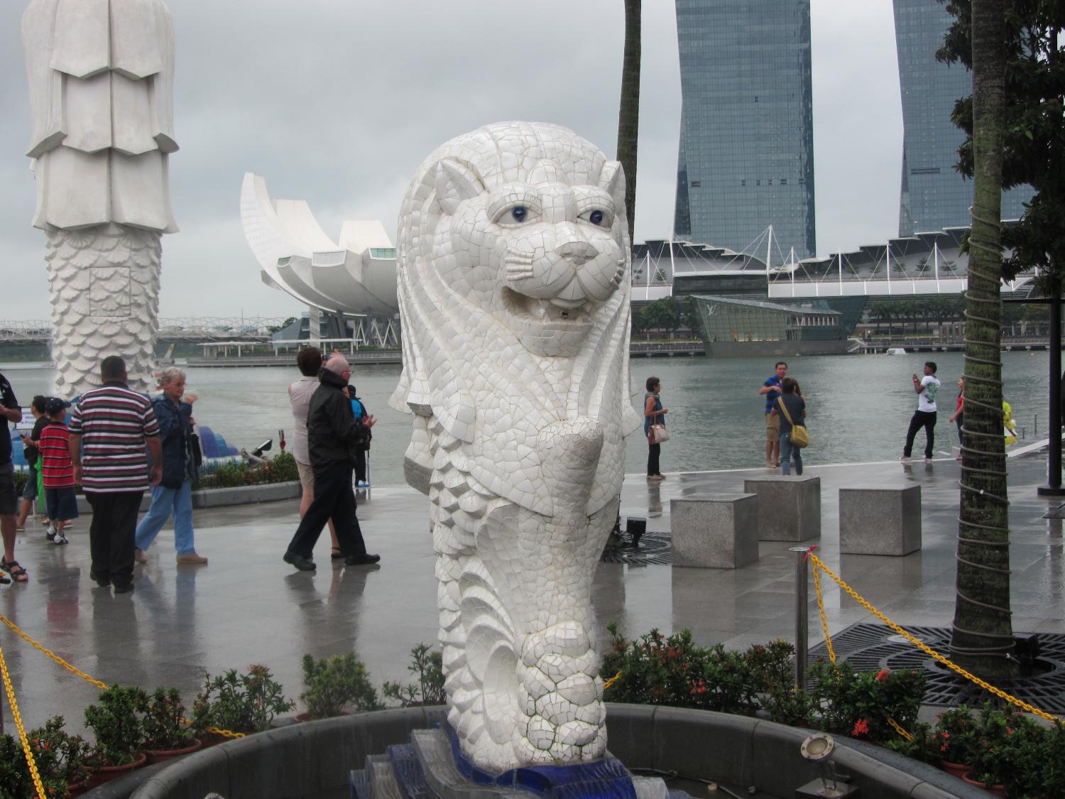 Close up view of the smaller (2-meter high) Merlion beside Marina Bay in Singapore.

