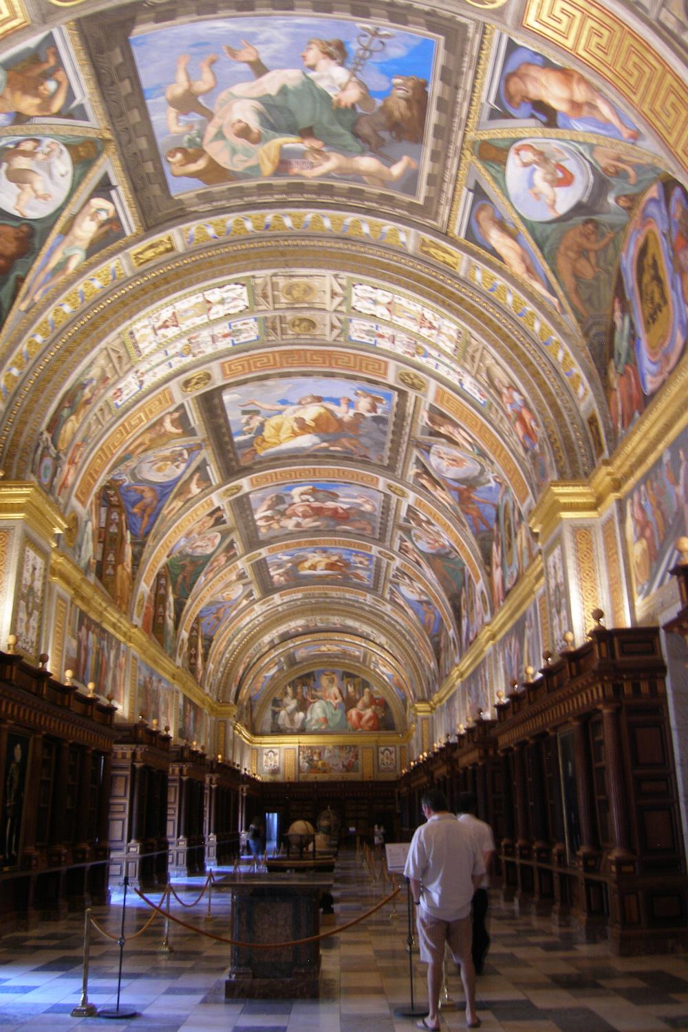 The library at El Escorial, the Royal Monastery of San Lorenzo El Real, contains many priceless manuscripts, as well as artwork by Titian, El Greco, Valazquez, and many others. 