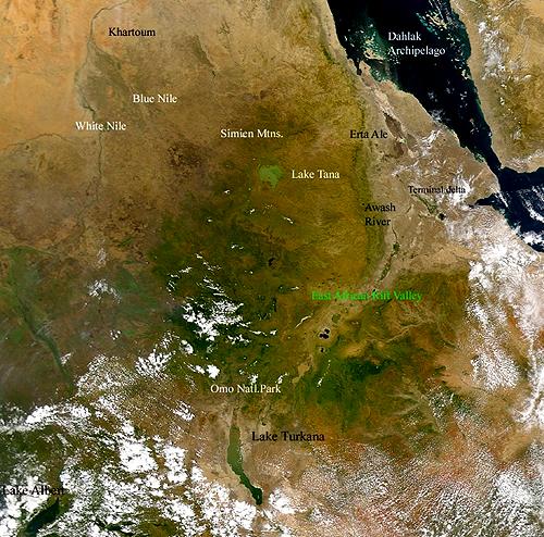 At the top left, the capital city of Sudan, Khartoum, is located at the convergence of the Blue Nile and the White Nile. Although the Blue Nile is much shorter than the White Nile, it contributes about 80% of the flow of the river. The Dahlak Archipelago is seen off the Red Sea coast of Eritrea. Because of their isolation, the numerous coral reefs of the Dahlak Archipelago are some of the most pristine in the world. North of the Rift Valley, in central Ethiopia, are the Simien Mountains and Lake Tana. Lake Tana is the source of the Blue Nile. Photo courtesy of NASA. 