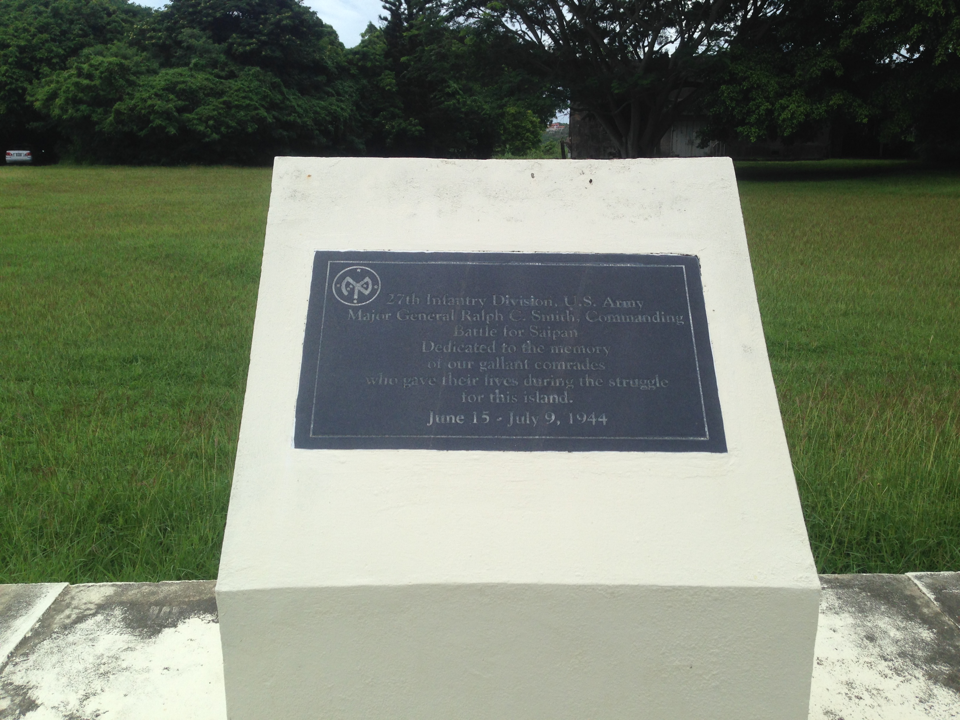 The US Army 27th Infantry Division Memorial on Saipan. The 27th Division was initially in Corps reserve and landed on Saipan on 16 June 1944 to support the 4th US Marine Division that had made the initial landings. The division continued to fight along side the 2nd and 4th US Marine divisions for the remainder of the battle.