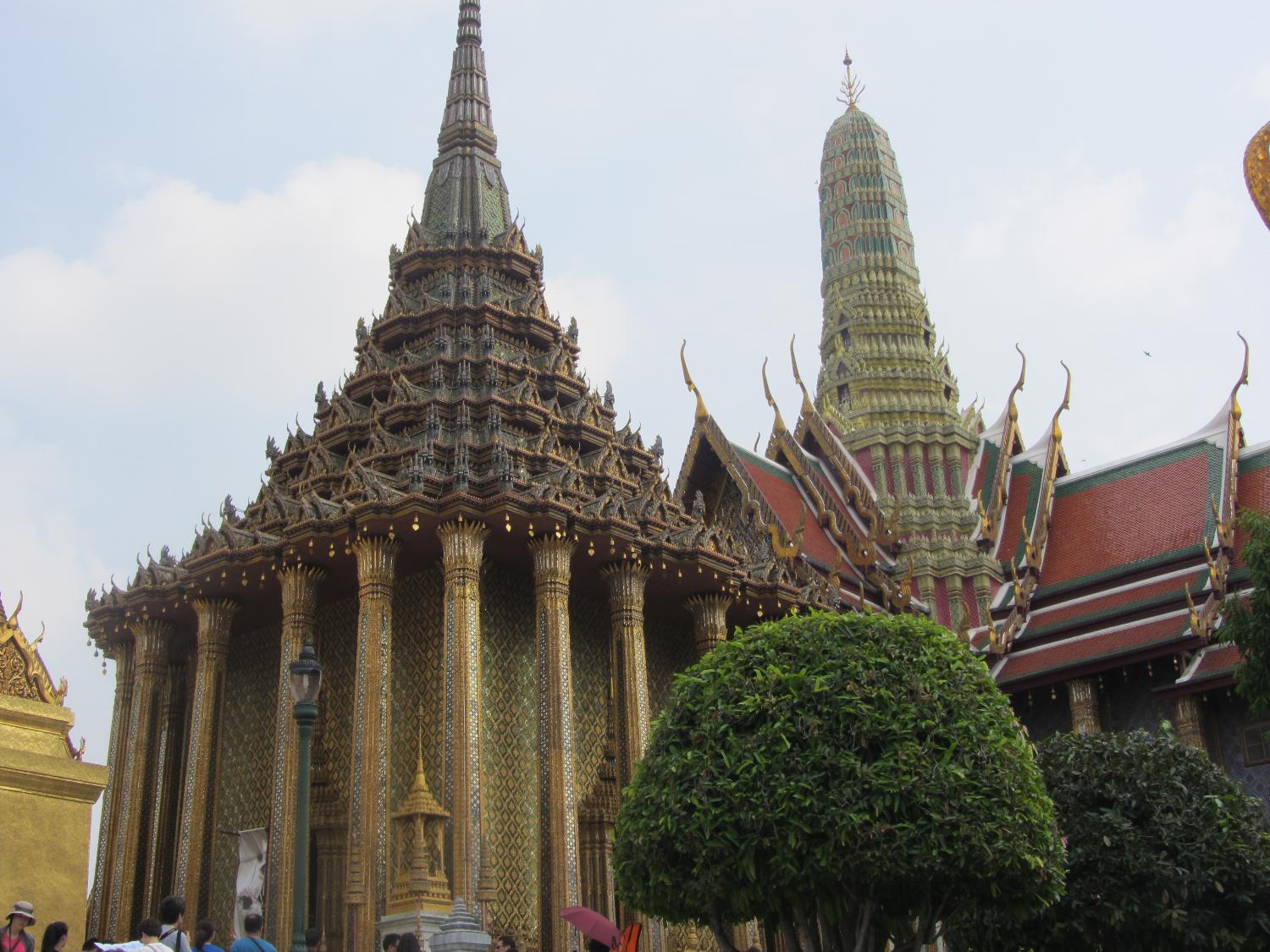The Grand Palace is a complex of buildings in central Bangkok on the banks of the Chao Phraya River. Construction of the Grand Palace began in 1782 and it served as the official residence of the king and the royal family until 1925. It is still used for official events. Several royal offices are housed on the palace grounds. This view shows Phra Mondop, the royal library.