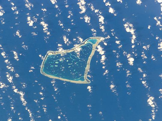 Fakaofo is one of the three islands that make up Tokelau. Its land area is only 3 sq km; the lagoon covers an area of about 45 sq km. Image courtesy of NASA. 