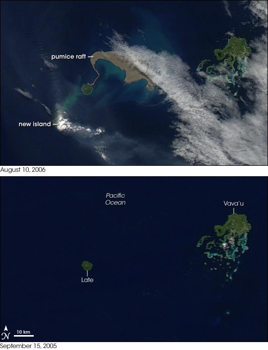 August 2006 brought two new things to the Tonga Islands in the South Pacific. One was a raft of lightweight, frothy volcanic rock - pumice - floating on the ocean surface. The other was a new island emerging out of the water. NASA's Aqua satellite captured the aftermath of the eruption on 10 August 2006. For comparison, the bottom image shows the same area but taken almost one year earlier, on 15 September 2005. 

The emerging volcanic island is partially hidden by its own plume. Volcanic plumes often appear drab gray or beige compared to clouds, and plumes from the emerging island move away from it in different directions, one to the southeast, and some to the north. The bright white spot directly over the island may be cloud cover, or it could be steam resulting from volcanic emissions.

The raft of pumice appears to the northeast of the emerging island, and it actually connects, via a thin thread, to neighboring Late Island. The blue-green color of the water around the raft and the new island is probably fine sediment that is making the deep blue water more reflective. The pumice raft gained international attention when a news report described the experience of a yacht crew that inadvertently encountered the pumice raft. The "sea of stone" clogged the yacht's engine-cooling system, forcing the vessel to turn back.

Pumice rafts are not an everyday occurrence, but they have been observed before. Biologists theorize that pumice rafts may be one of the ways that plants and animals spread from island to island in marine environments. Photo courtesy of NASA.

