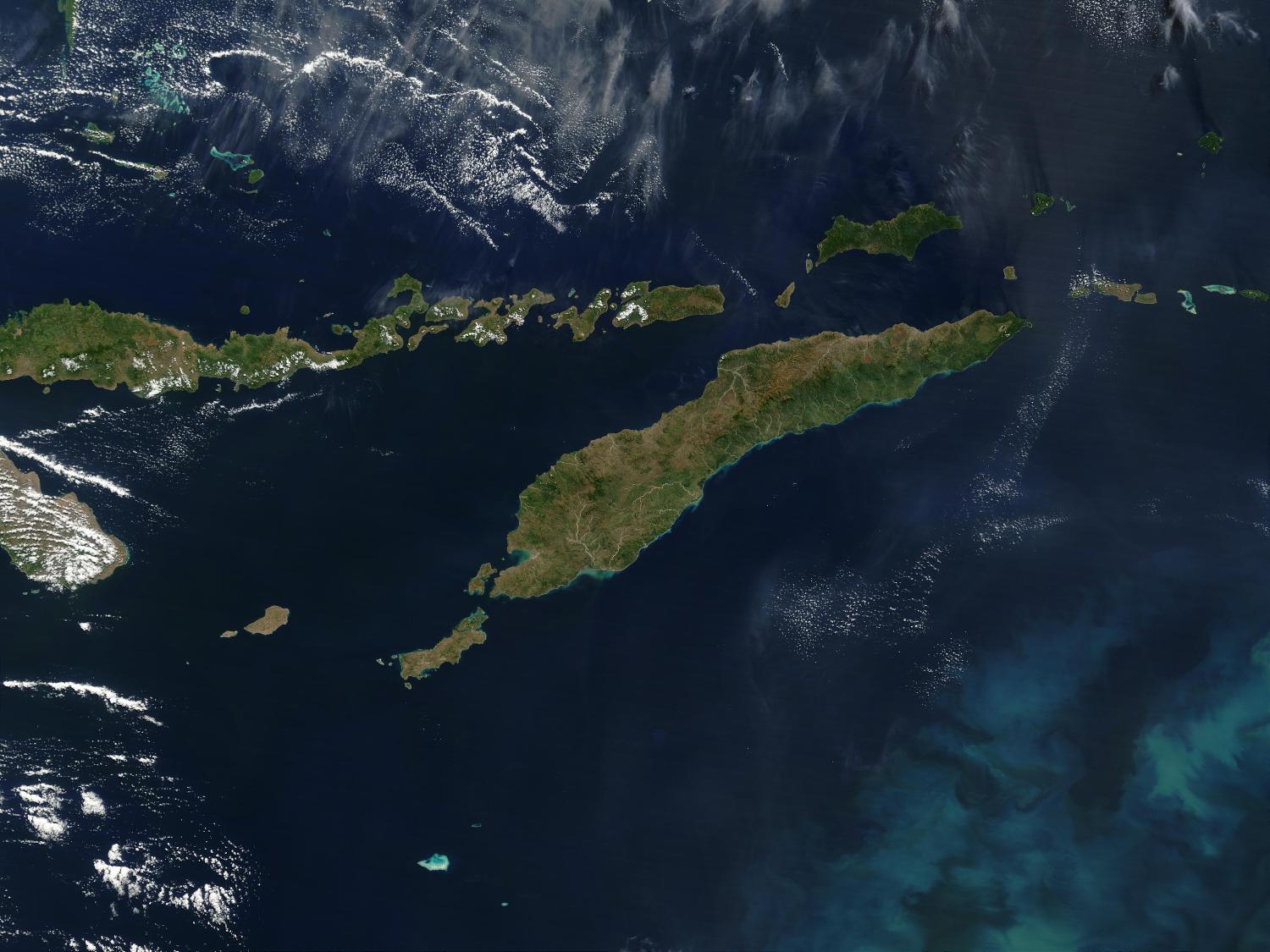 Southeast of the island of Timor (center), a phytoplankton bloom is coloring the waters of the Timor Sea, which separates Timor from northwestern Australia. To the north of Timor is Flores, which is home to numerous active volcanoes. (The red dots are due to fire, not volcanic activity.) The eastern half of Timor, as well as an exclave to the west and a few offshore islands, constitute the country of Timor-Leste. The western portion of Timor and the remaining islands (including Flores) belong to Indonesia. Image courtesy of NASA. 