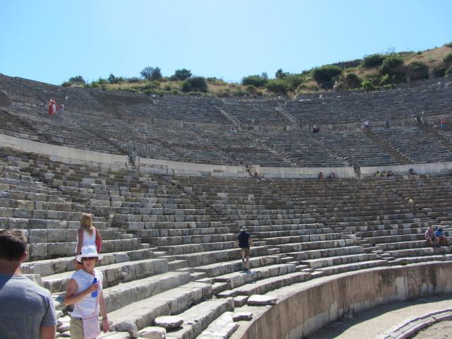 The Great Theater in Ephesus was based on an original Greek structure. In the Roman period, it was expanded under the reigns of Domitian (A.D. 81 to 96) and Trajan (98 to 117). One estimate gives the theater's capacity as 44,000 spectators and as such it would have been the largest in the ancient world. While generally used for theatrical performances and public assemblies, it was also used for gladiatorial contests in the later imperial period. 