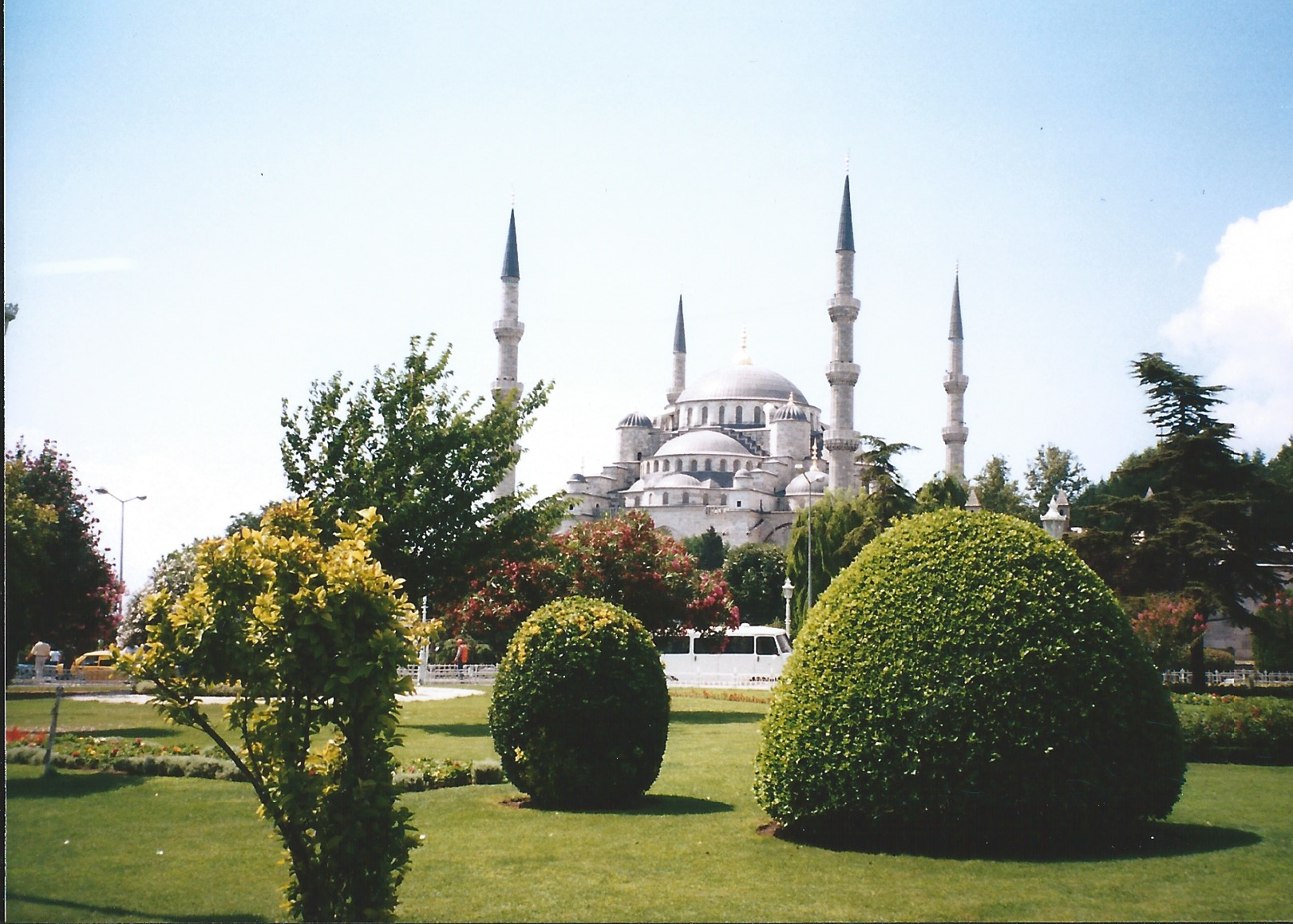 The blue-tipped minarets and blue roof tiles of the of the Sultan Ahmed Mosque, along with many blue decorative tiles in the interior,  give this national mosque in Istanbul its Blue Mosque nickname.
