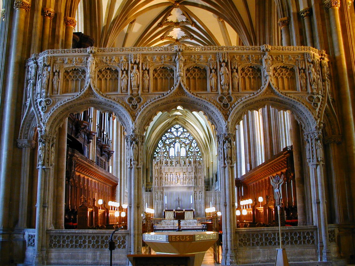 The Choir of Bristol Cathedral (the Cathedral Church of the Holy and Undivided Trinity). The church was founded in 1140 as Saint Augustine's Abbey, and rebuilt in 1542 in the Romanesque style; it was added on to again in the 19th century.