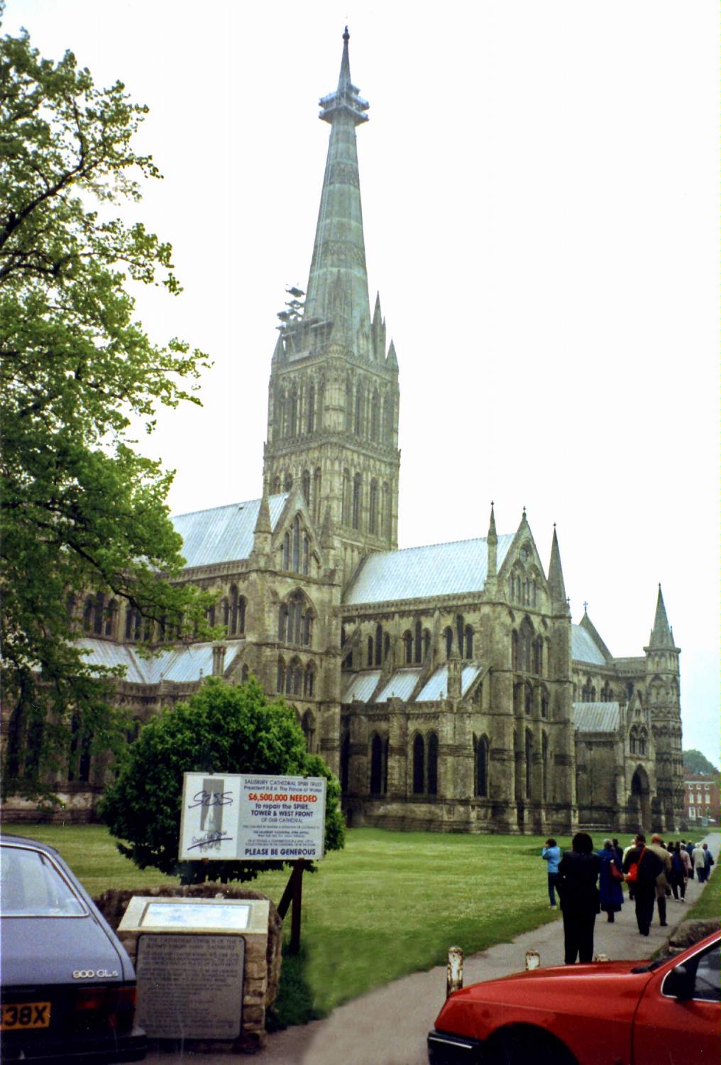 The Cathedral of Saint Mary in Salisbury, consecrated in 1258, is an Anglican cathedral built in the Early English Gothic style. It has the tallest church spire in the UK, which required serious buttressing and contains no bell. The cathedral holds the oldest working clock in the world (built 1386) and one of the original surviving copies of the Magna Carta.