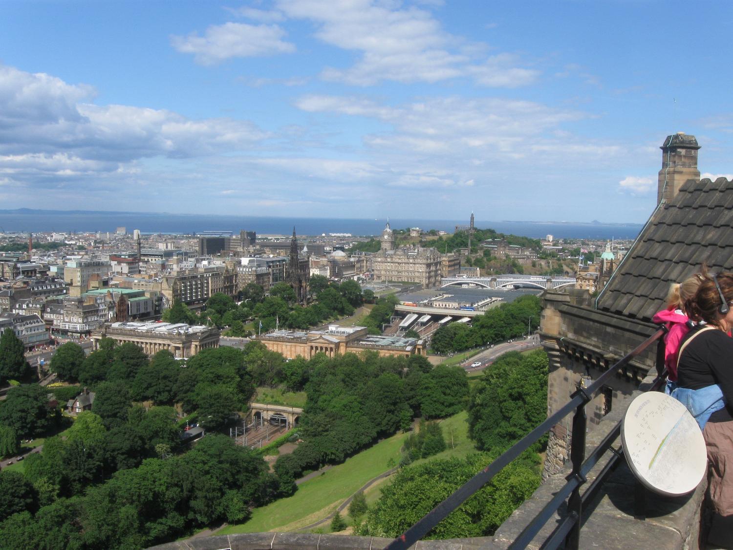 A view of Edinburgh from its castle. The Firth of Forth, the estuary of Scotland's Forth River, may be seen in the background.