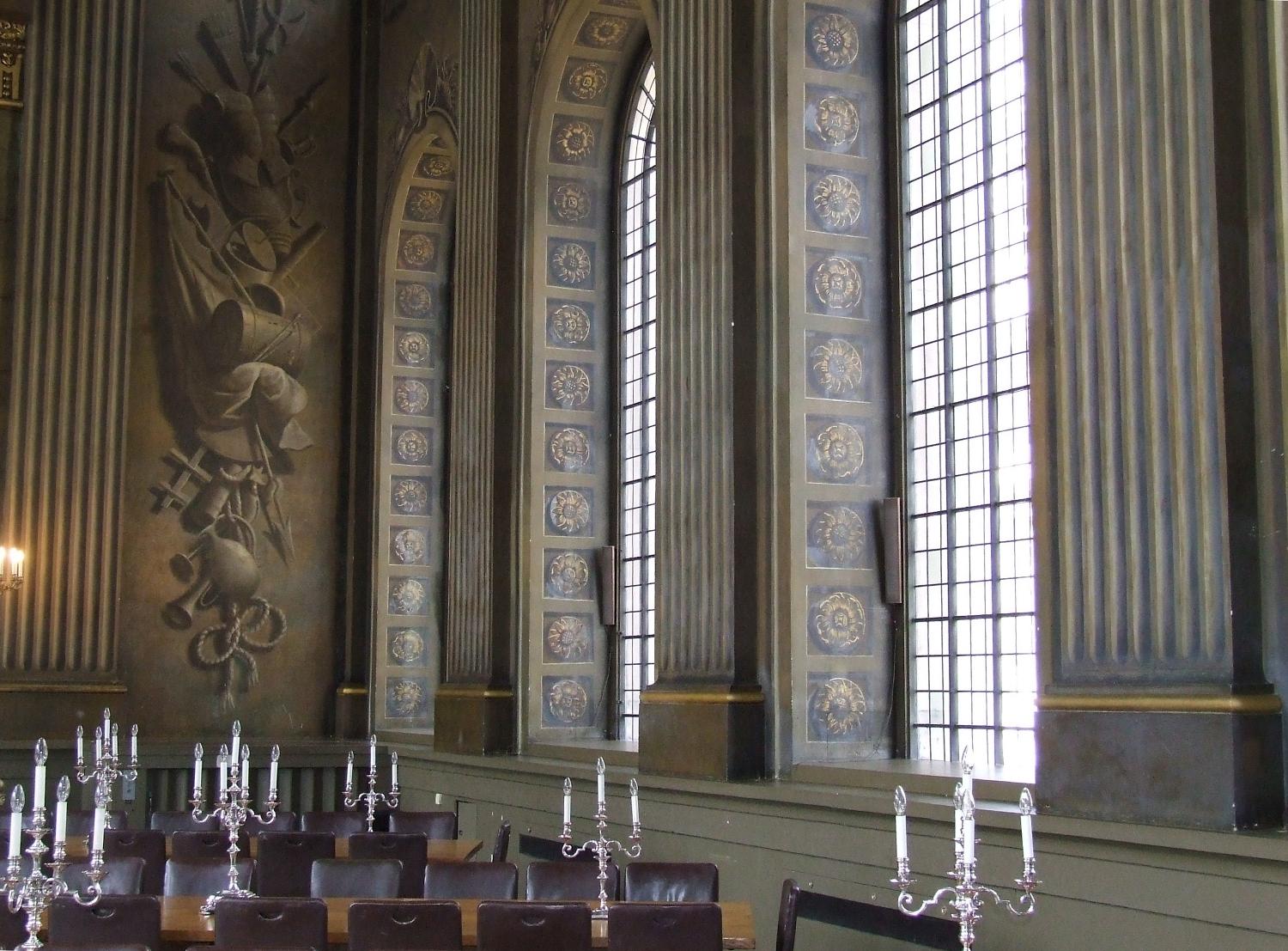 A section of the Painted Hall and its famous trompe l'oeil decorations at the King William Court of the Old Royal Naval College in Greenwich. 