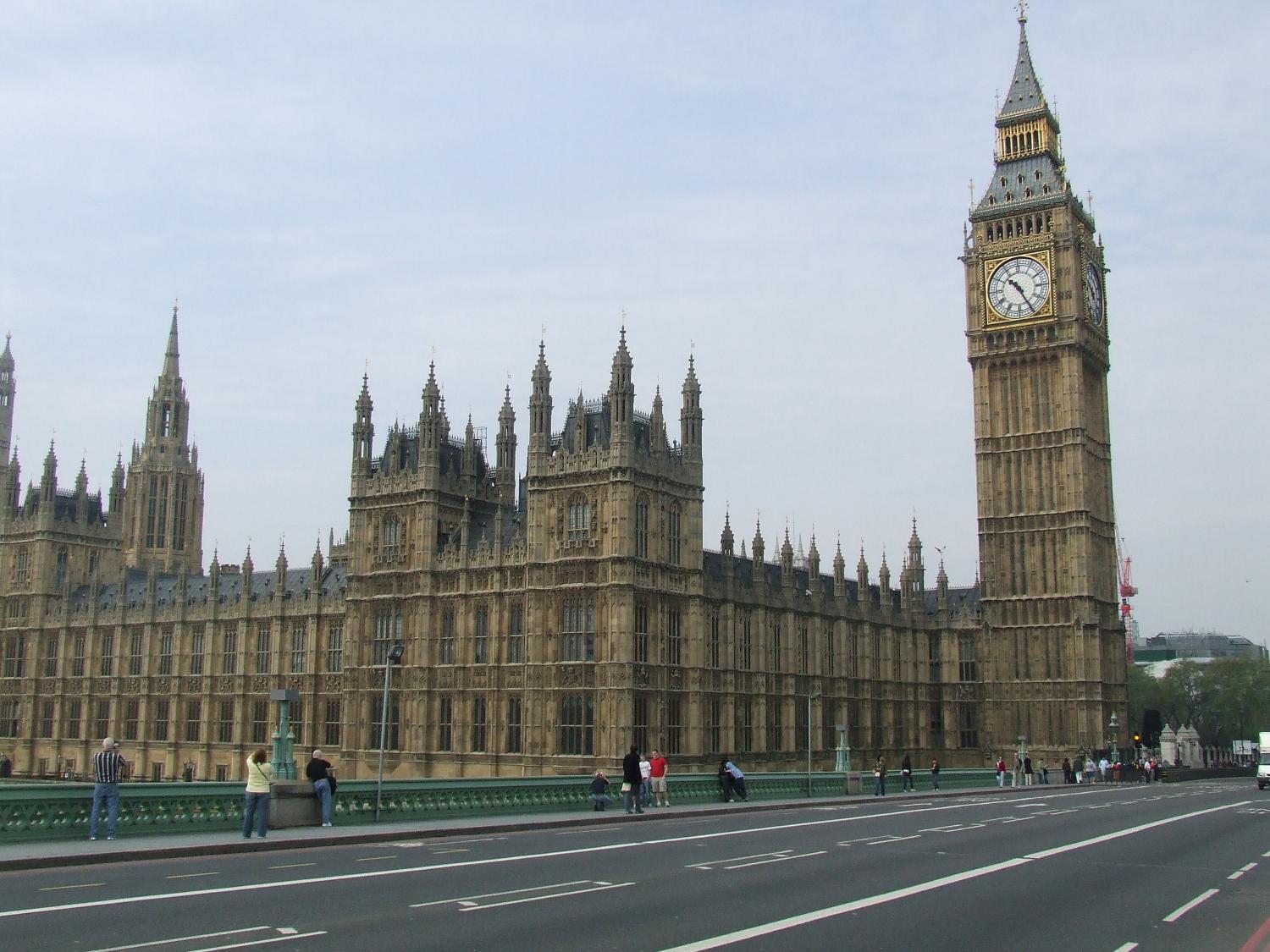 The Houses of Parliament building in Westminster, London, with its famous Clock Tower. The nickname Big Ben is today frequently applied to the tower, the clock, and the bell, but originally it applied solely to the largest bell inside the tower. The clock holds the distinction of being the world's largest four-faced chiming clock. 