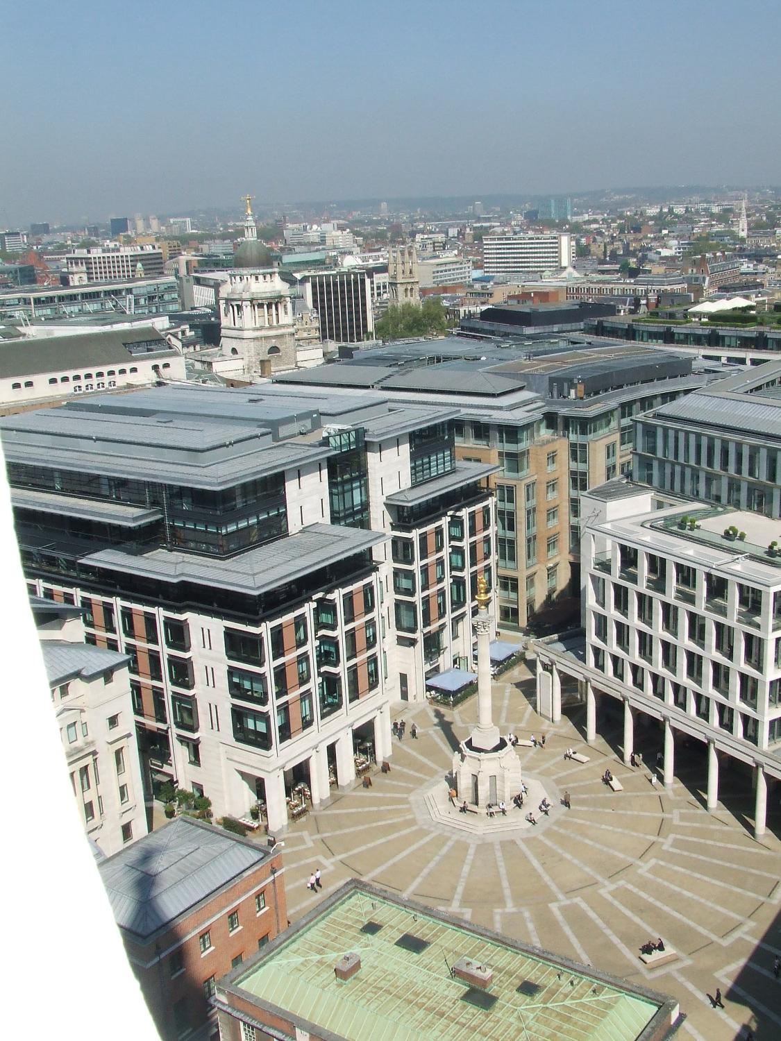 A look down into Paternoster Square from the dome of St. Paul's Cathedral in London. The area is the location of the London Stock Exchange, as well as various investment banks.
