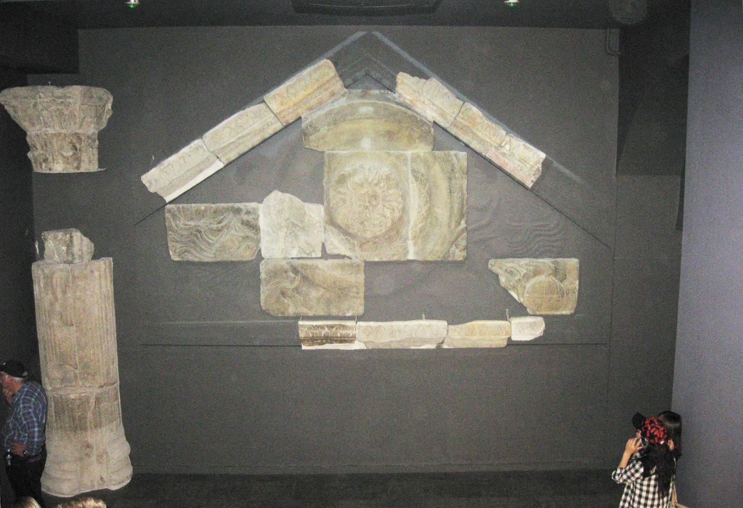 Carved blocks from the pediment of the Temple of Sulis Minerva (the patron deity of the baths at Aquae Sulis).