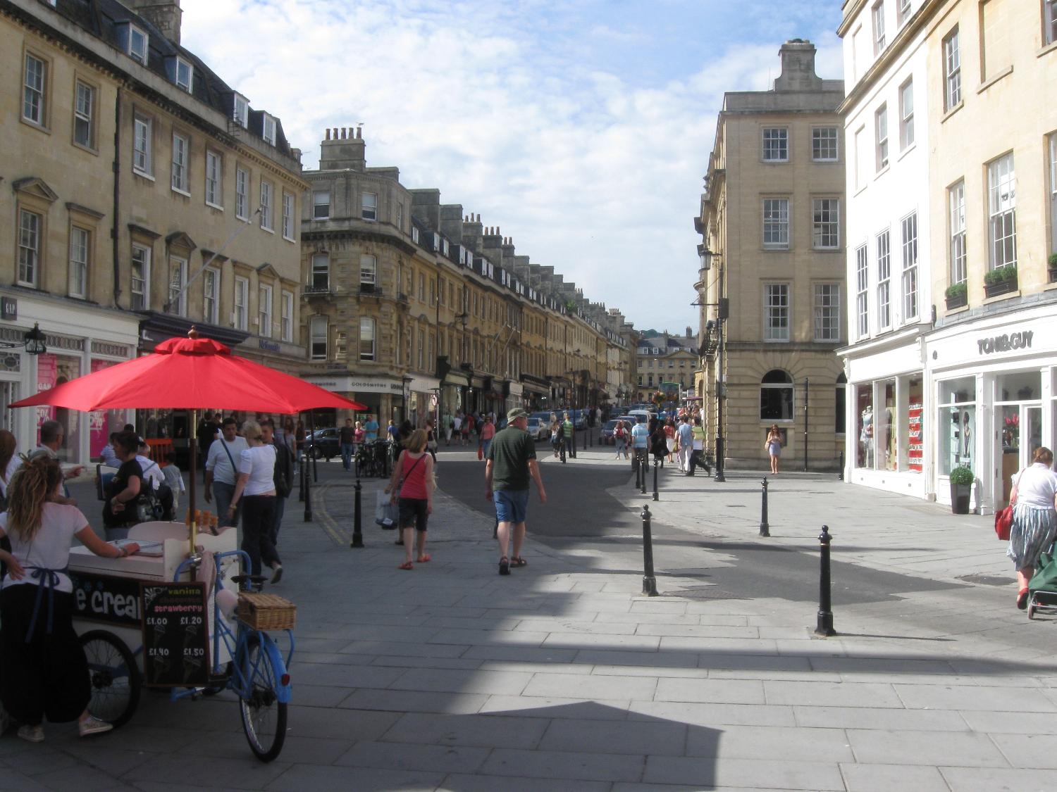 A street scene in Bath, Somerset county, England.