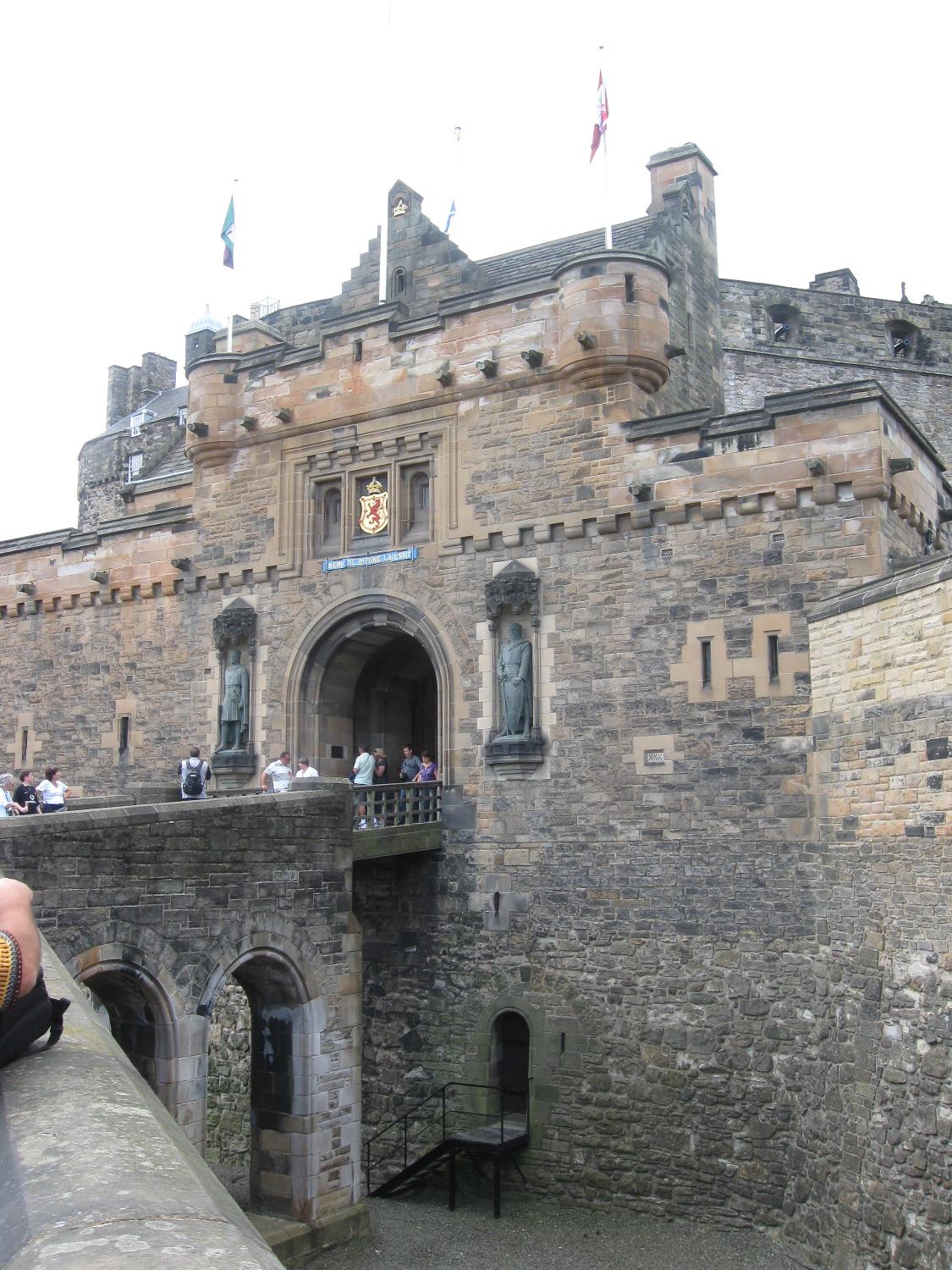 A view of the entranceway to Edinburgh Castle. The doorway is flanked by bronze statues of two of Scotland's greatest heroes, Robert the Bruce on the left and William Wallace (a.k.a. Braveheart) on the right. They were added in 1929 on the 600th anniversary of Bruce's death.