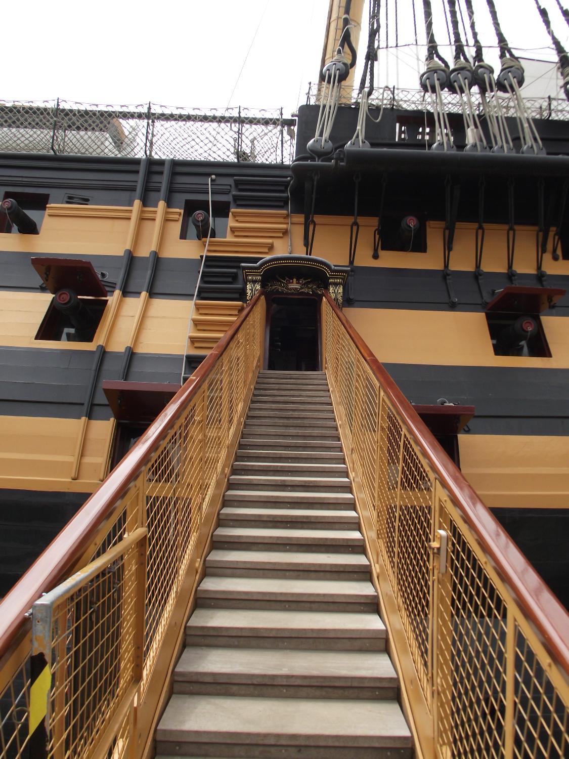 Entrance gangway to HMS Victory, berthed at the historic dockyard in Portsmouth, England. 