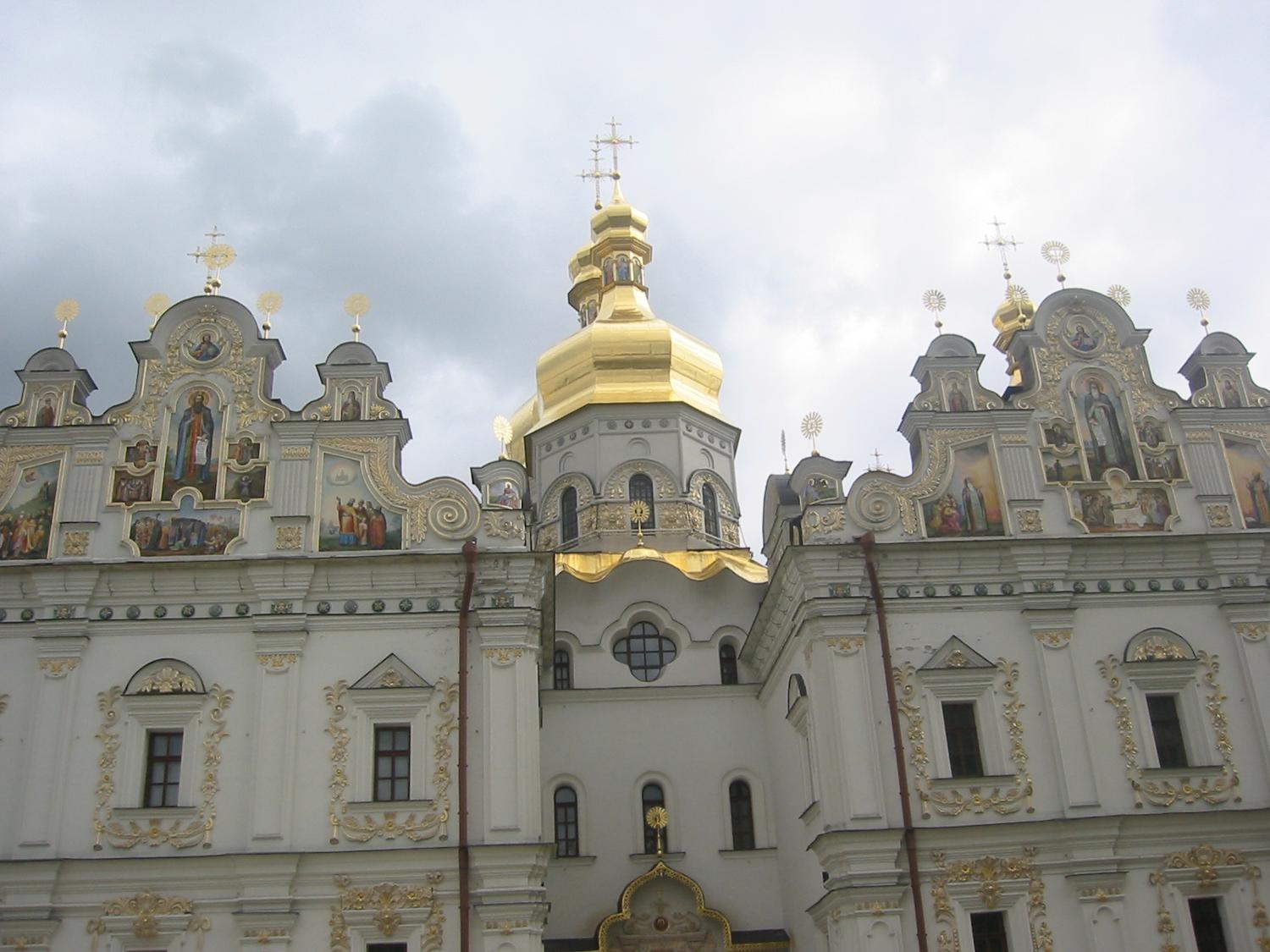 A close-up of the murals and icons that decorate the Uspensky Sobor (Dormition Cathedral), the main church of the the Kyiv Pechersk Lavra (Kyiv Monastery of the Caves) complex.