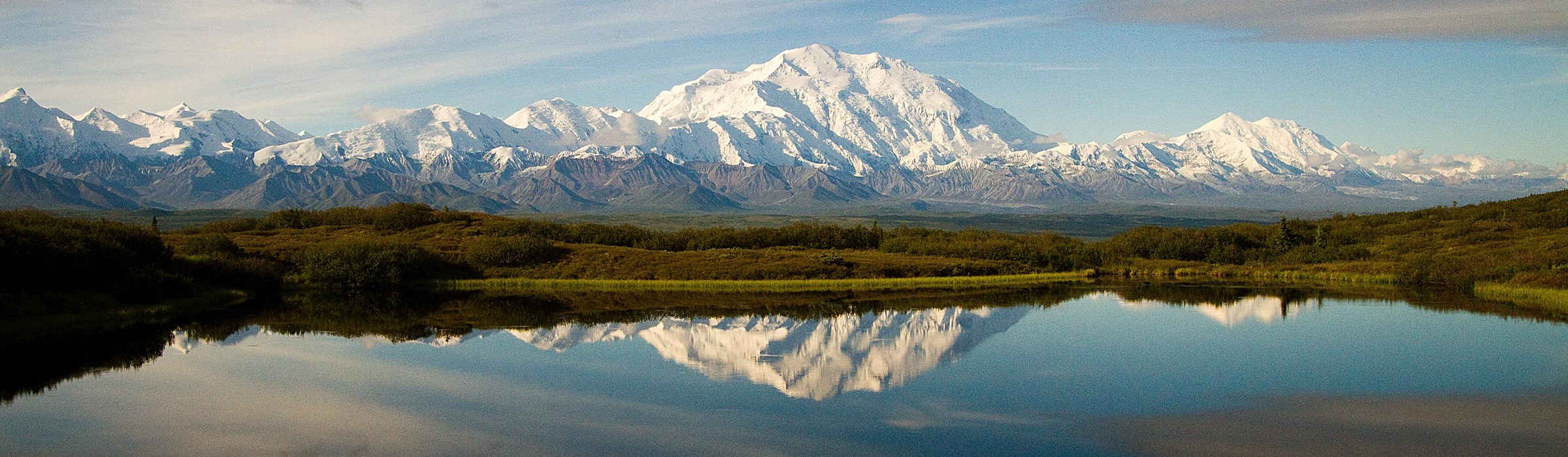 Majestic view of Denali, North America’s tallest mountain at 6,190 m (20,308 ft), in Denali National Park and Preserve, Alaska. Photo courtesy of the US National Park Service.