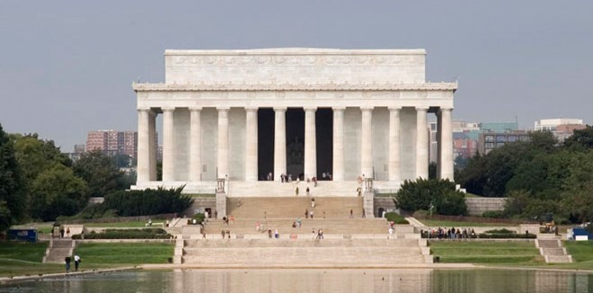 The Lincoln Memorial's imposing, temple-like frame sits atop a plaza flanked by limestone buttresses. Architect Henry Bacon modeled the Lincoln Memorial after the Parthenon in Athens, Greece. Bacon felt that a memorial dedicated to a man who defended democracy should echo the birthplace of democracy. Photo courtesy of the National Park Service/Carol Highsmith.