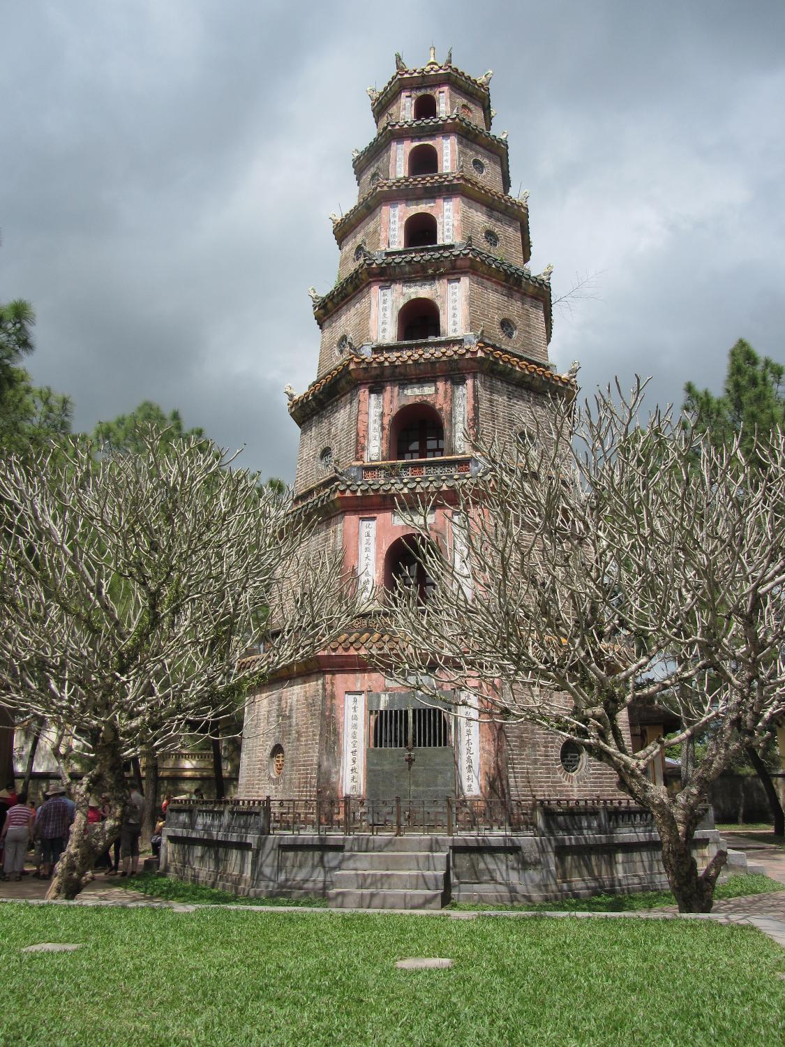 Thien Mu Pagoda is a historic temple in the city of Hue. Its Tu Nhan Tower (now Phuroc Duyen Tower) was built in 1844 with seven storeys and is the tallest in Vietnam (21 m; 69 ft). Each of the seven storeys is dedicated to a different Buddha. The pagoda, about 3 km (2 mi) from the citadel in Hue on the northern bank of the Perfume River, is often regarded as the unofficial symbol of the city. The first temple on the site was built in 1601.  