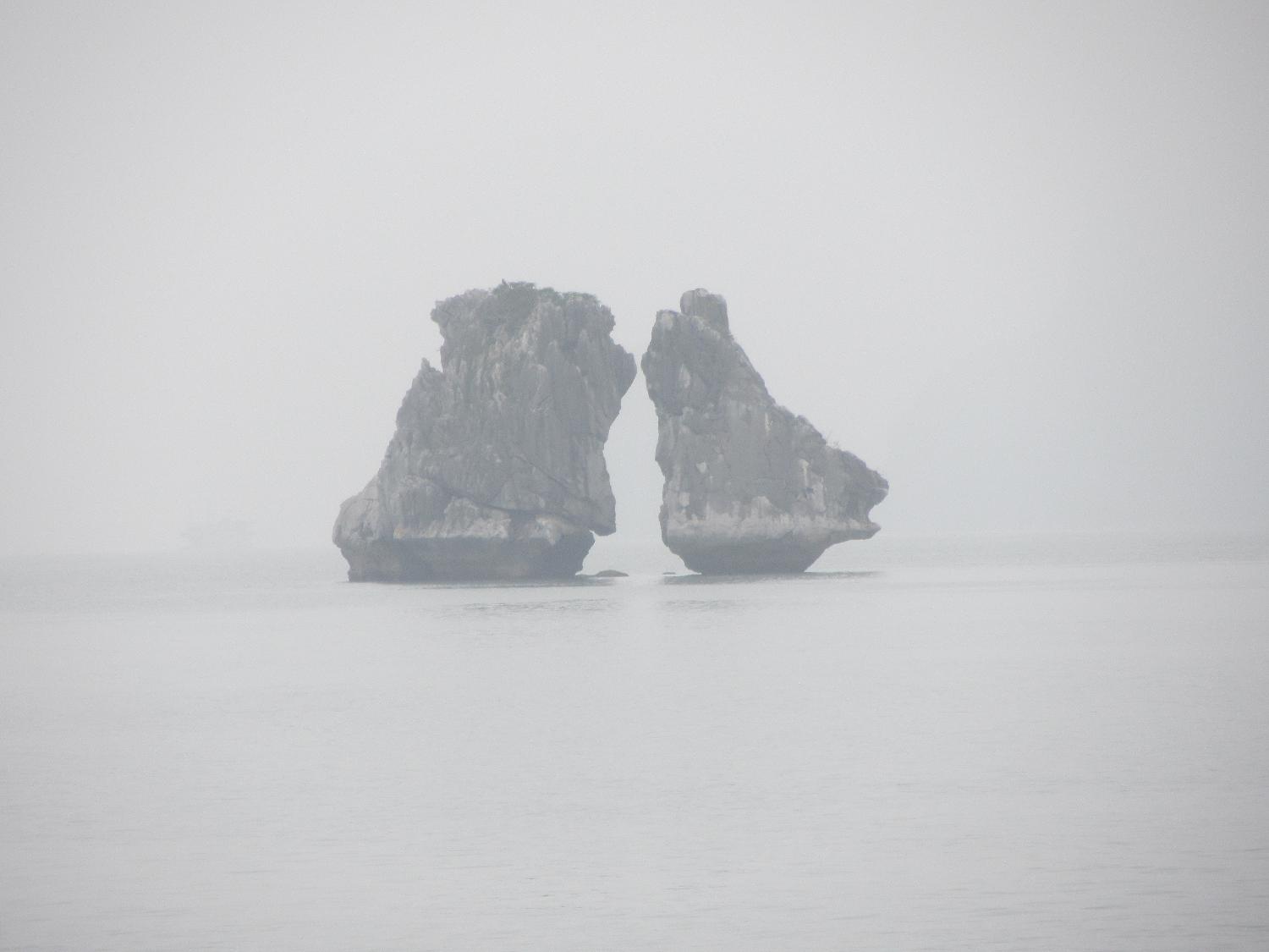 Limestone islands in Ha Long Bay in northern Vietnam. Many islands have acquired names because of their unusual shapes. These are called "Fighting Cock" islands.