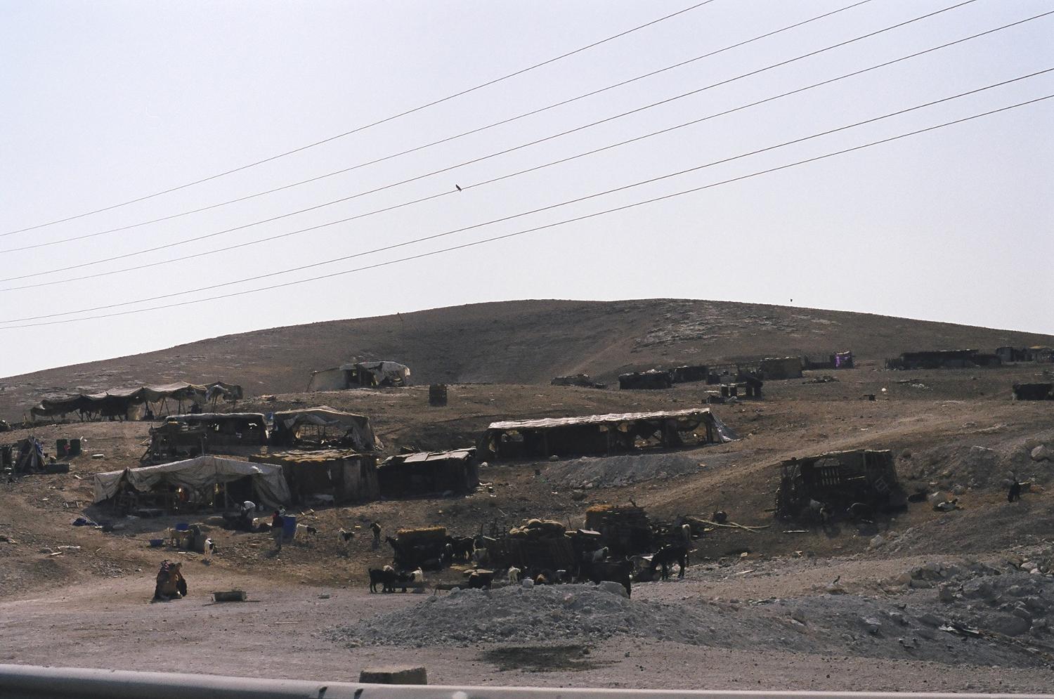 A Bedouin encampment on the road to Jericho from Jerusalem. Bedouins are constantly on the move to feed and water their herds. 