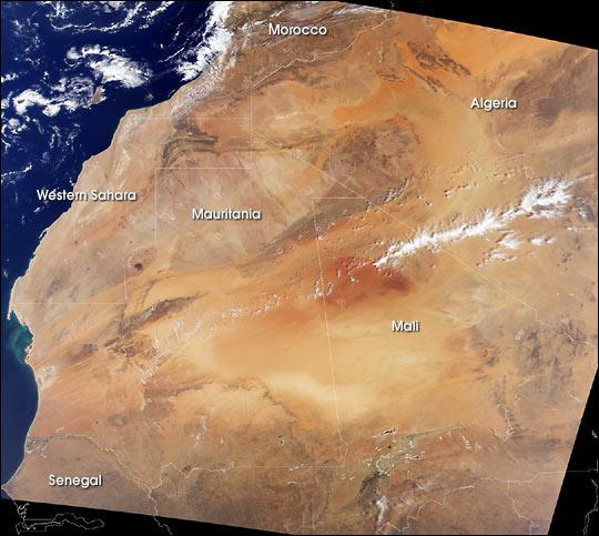 With its vast expanses of sand, framed by mountain ranges and exposed rock, northwestern Africa makes a pretty picture when viewed from above. In this satellite image  the Canary Islands can be seen on the left side of the image just off Africa's Atlantic shore. The light brown expanse running through the northern two thirds of the image is the Sahara Desert. The desert runs up against the dark brown Haut Atlas mountain range of Morocco in the northwest, the Atlantic Ocean to the west, and the semi-arid (light brown pixels) Sahelian region in the South. The Sahara, however, is not staying put. Since the 1960s, the desert has been expanding into the Sahelian region at a rate of up to 6 km per year. In the 1980s this desert expansion, combined with over cultivation of the Sahel, caused a major famine across west Africa. Over the summer months, strong winds pick up sands from the Sahara and blow them across the Atlantic as far west as North America, causing air pollution in Miami and damaging coral reefs in the Bahamas and the Florida Keys. Image courtesy of NASA.