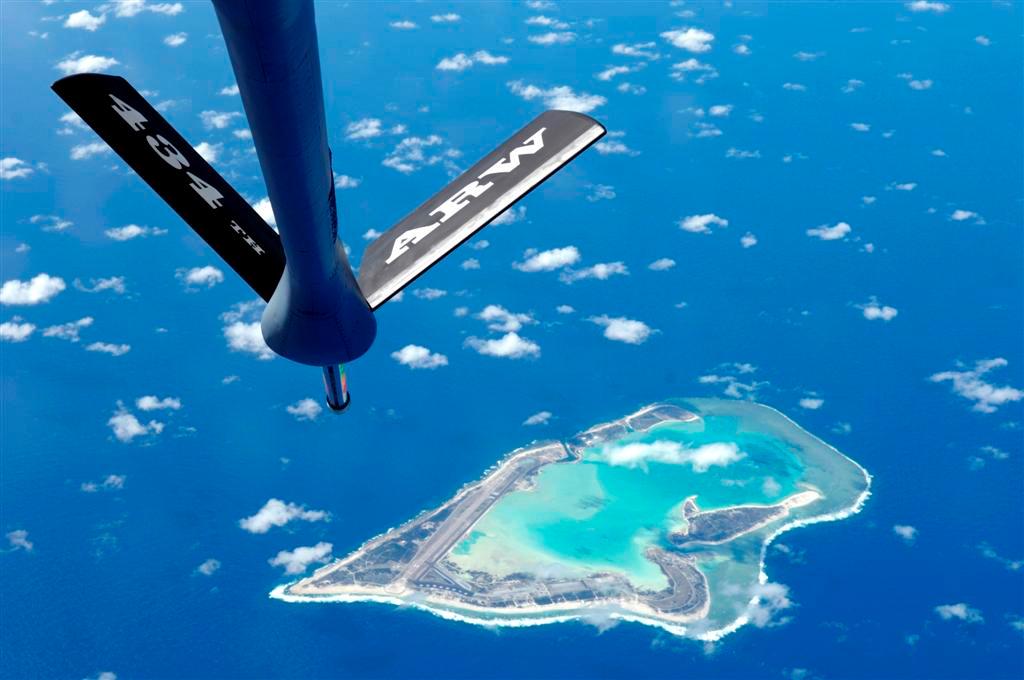 Dramatic photo of Wake Island as seen past the refueling boom of a Boeing KC-135 Stratotanker aircraft. The view of the island is from the east. Photo courtesy of the US Air Force.