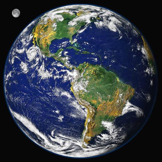 Recalling the famous Apollo-era pictures of Earth taken by lunar astronauts, this digital image is a spectacular portrait of the Western Hemisphere at the time of one of the strongest hurricanes ever observed in the Eastern Pacific. This combination of science, engineering, and artistry was generated by researchers using data from three different Earth-observing satellite instruments. The research team's goal was to assemble an image that recreates the visceral impact of viewing Earth from space with human eyes. The prominent storm raging off the west coast of North America is Hurricane Linda. Other obvious features include the shallow waters of the Caribbean and sediments around the mouth of the Amazon River. Image courtesy of the Laboratory for Atmospheres at the NASA Goddard Space Flight Center, Greenbelt, MD. 
