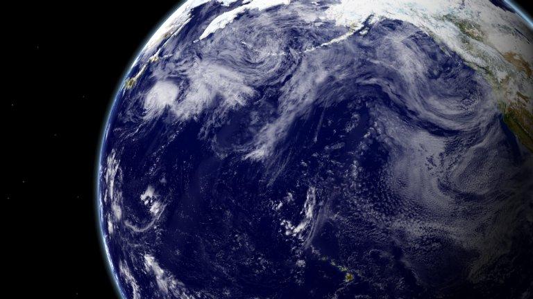 A combination of datasets from different satellites makes possible this beautiful 'Blue Marble' view of the Pacific Ocean. The string of islands across the top are the Aleutian chain of Alaska; the Hawaiian islands appear along the bottom. Image courtesy of NASA/Goddard Space Flight Center Scientific Visualization Studio.