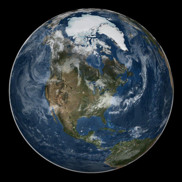 A global view of the Arctic on 21 September 2005. In support of International Polar Year, a matching pair of images (this one and the next) showing a global view of the Arctic and Antarctic were generated in poster-size resolution. Both images are of the same day, the date at which the sea ice was at its minimum extent in the north. Shown in this view is all of North America and the northern portion of South America. Image courtesy of NASA. 