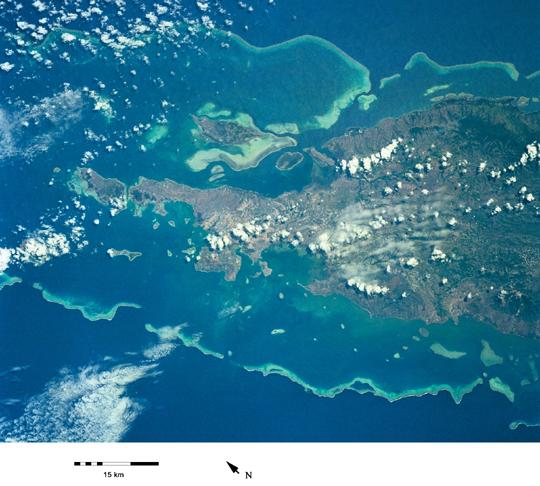 View of the northern portion of New Caledonia. The world's second largest barrier reef encircles the island. Image courtesy of NASA. 