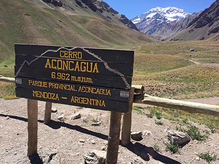 Mount Aconcagua, located in the Province of Mendoza, rises to a height of 6,962 m. It is the tallest mountain in the Western Hemisphere and the tallest mountain outside of Asia. This photo was taken at an elevation of just under 3,000 m on a trail that leads to Confluencia, the first Aconcagua base camp. 