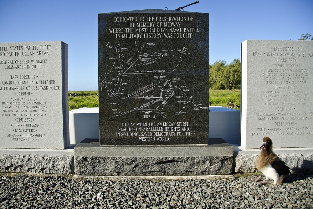 The Battle of Midway National Monument sits at the Midway Atoll National Wildlife Refuge. The Battle of Midway, fought over and near the Midway Atoll, approximately 2,800 km (1,500 nautical mi) northwest of Hawaii, represents a turning point in the Pacific Theater of World War II. Photo courtesy of the US Navy/ Mass Communication Specialist 2nd Class Daniel Barker.