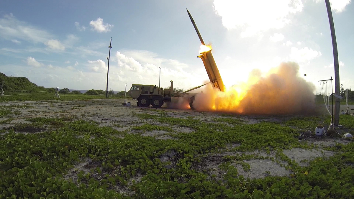 A Terminal High-Altitude Area Defense interceptor is launched from a THAAD battery on Wake Island. In this test the THAAD system intercepted two air-launched ballistic-missile targets. Wake Island is an important launch facility for the Ronald Reagan Ballistic Missile Defense Test Site, managed by the US Missile Defense Agency from Kwajalein Atoll  in the Marshall Islands. Photo courtesy of the US Missile Defense Agency.